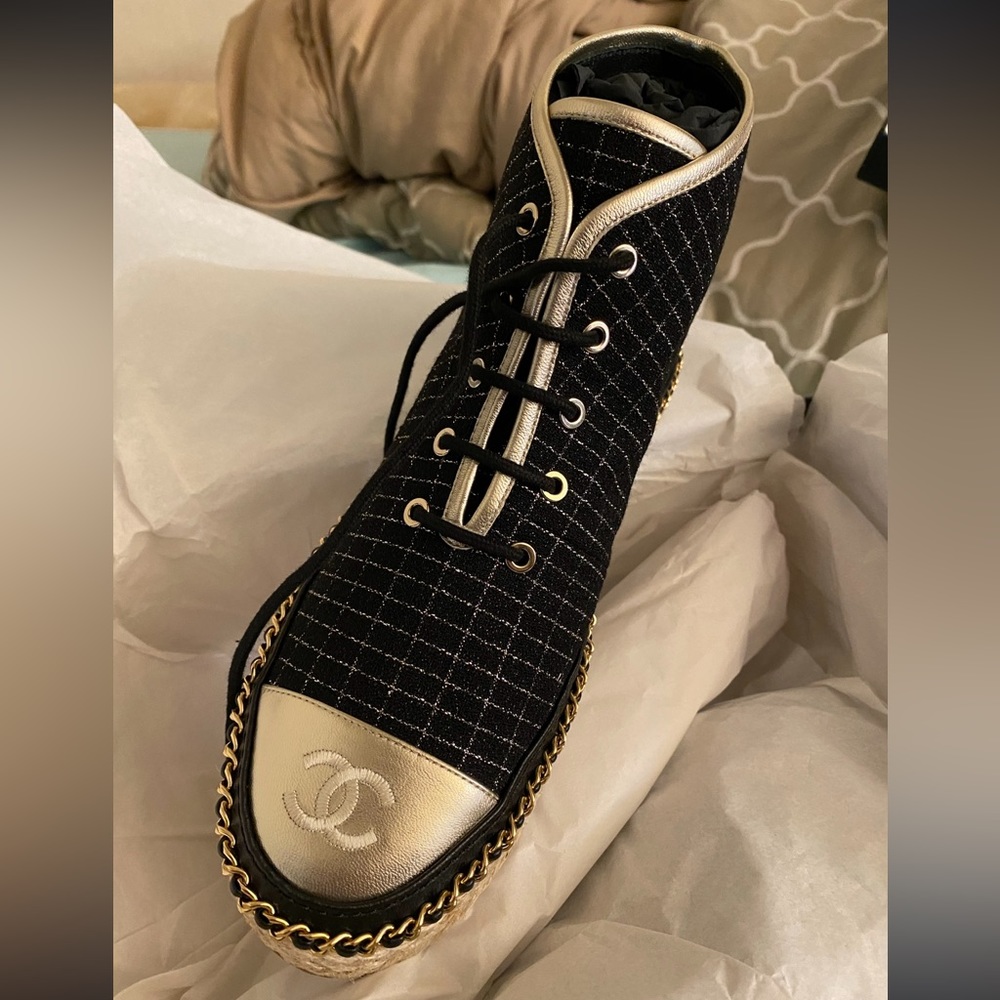 Chanel Black & Gold Lace Up Shoes